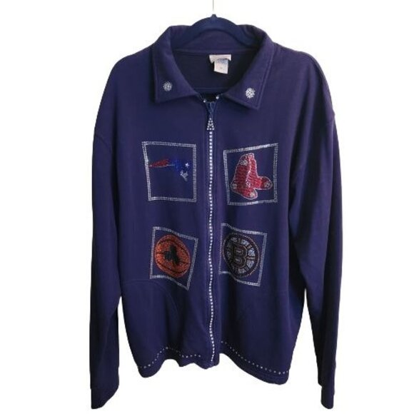 New England Sports Lover's Dream Navy Rhinestone Full Zip Sweatshirt Size 1X - Picture 1 of 9